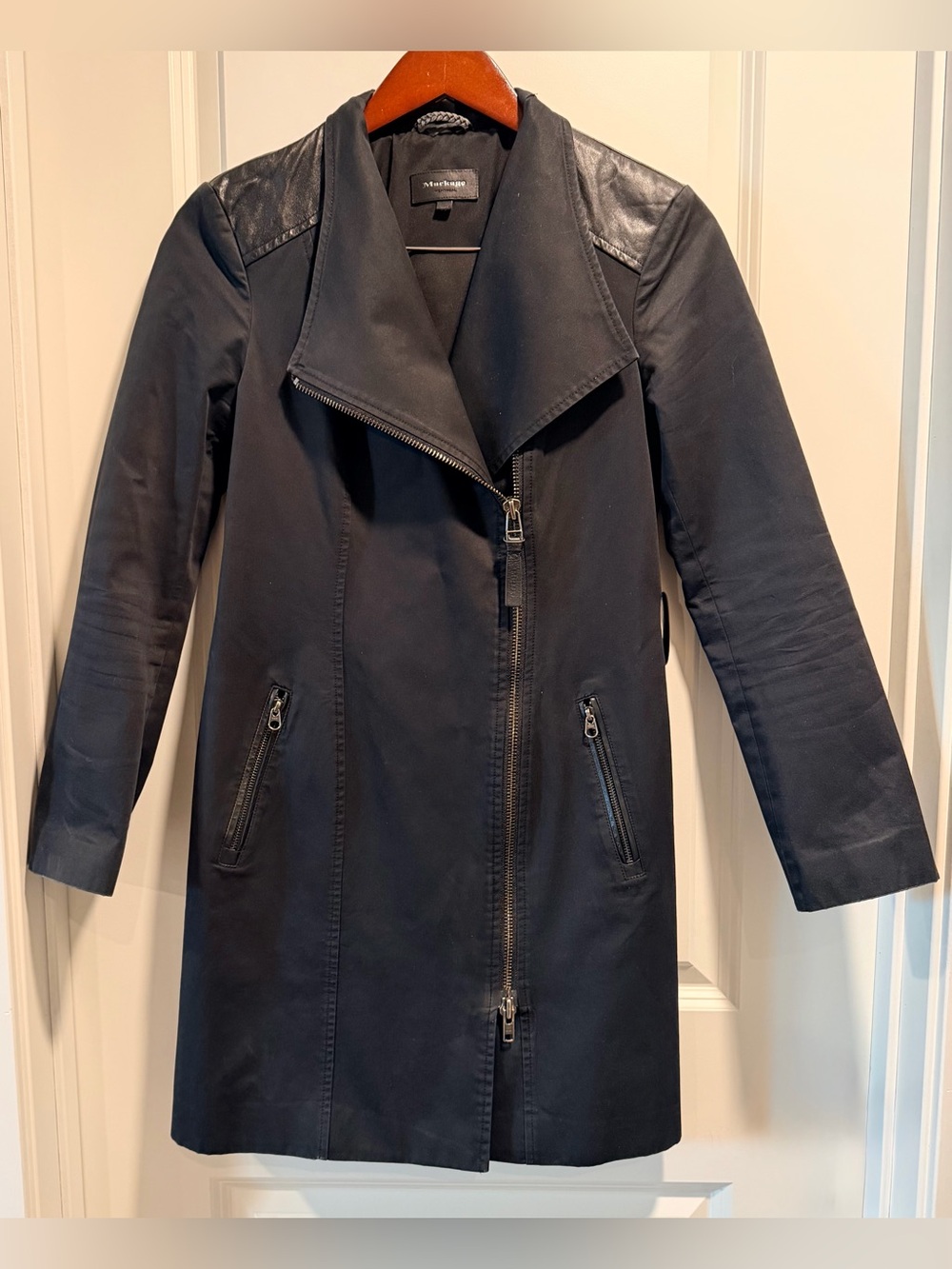 Mackage Women’s Estela Black Asymmetrical Zip Leather Trim Trench Coat Size XS